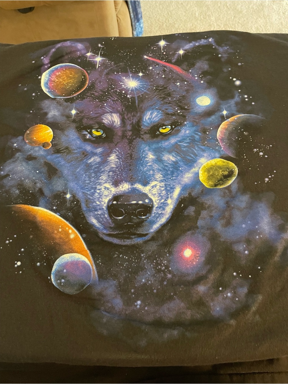 Galaxy Wolf Graphic Tee - Black with Multicolor Print